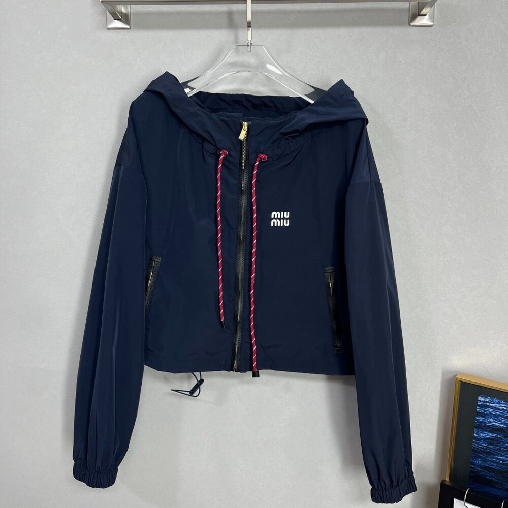 Miu Miu Navy Cropped Hooded Windbreaker Jacket Sz S